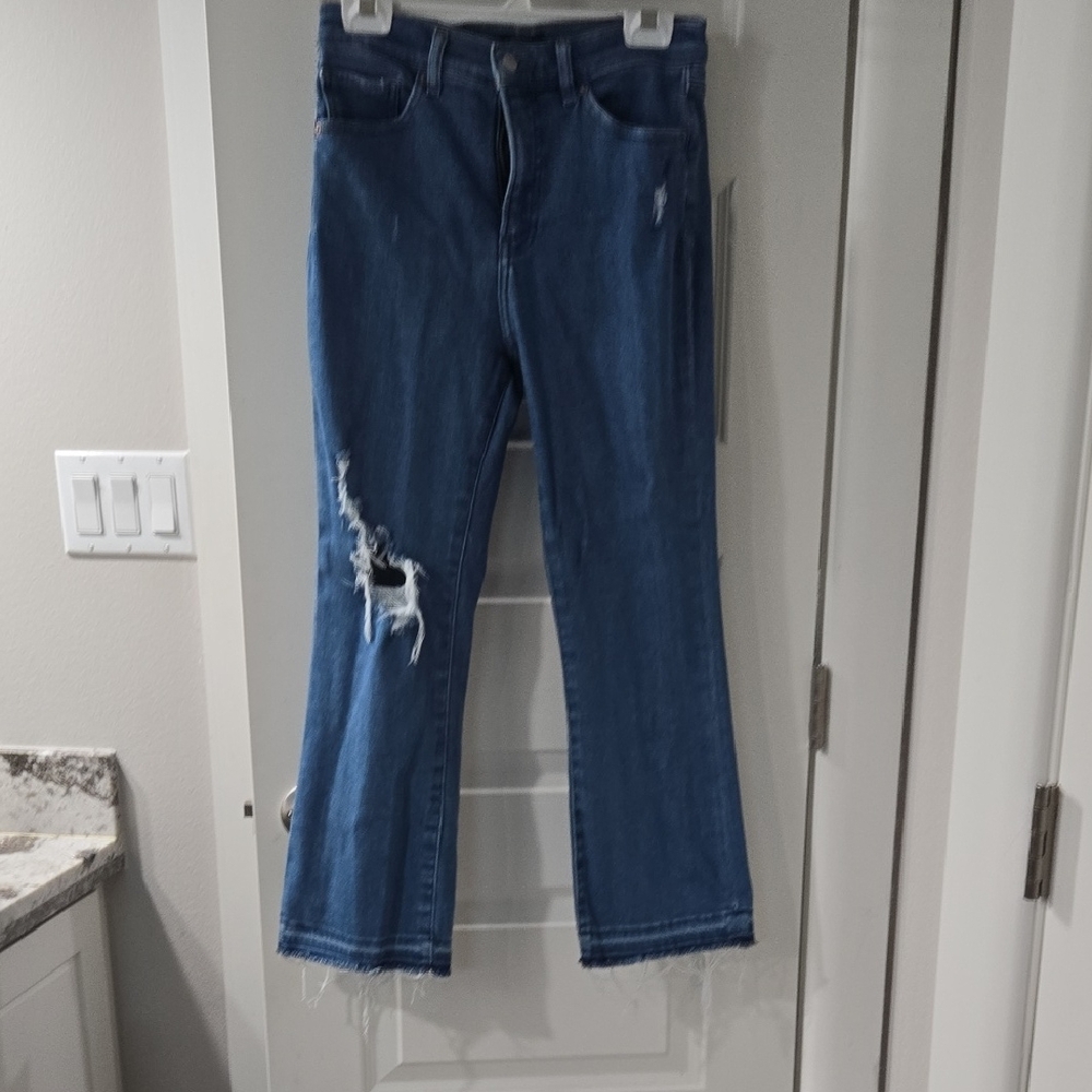 Express Medium Blue Distressed Flare Jeans